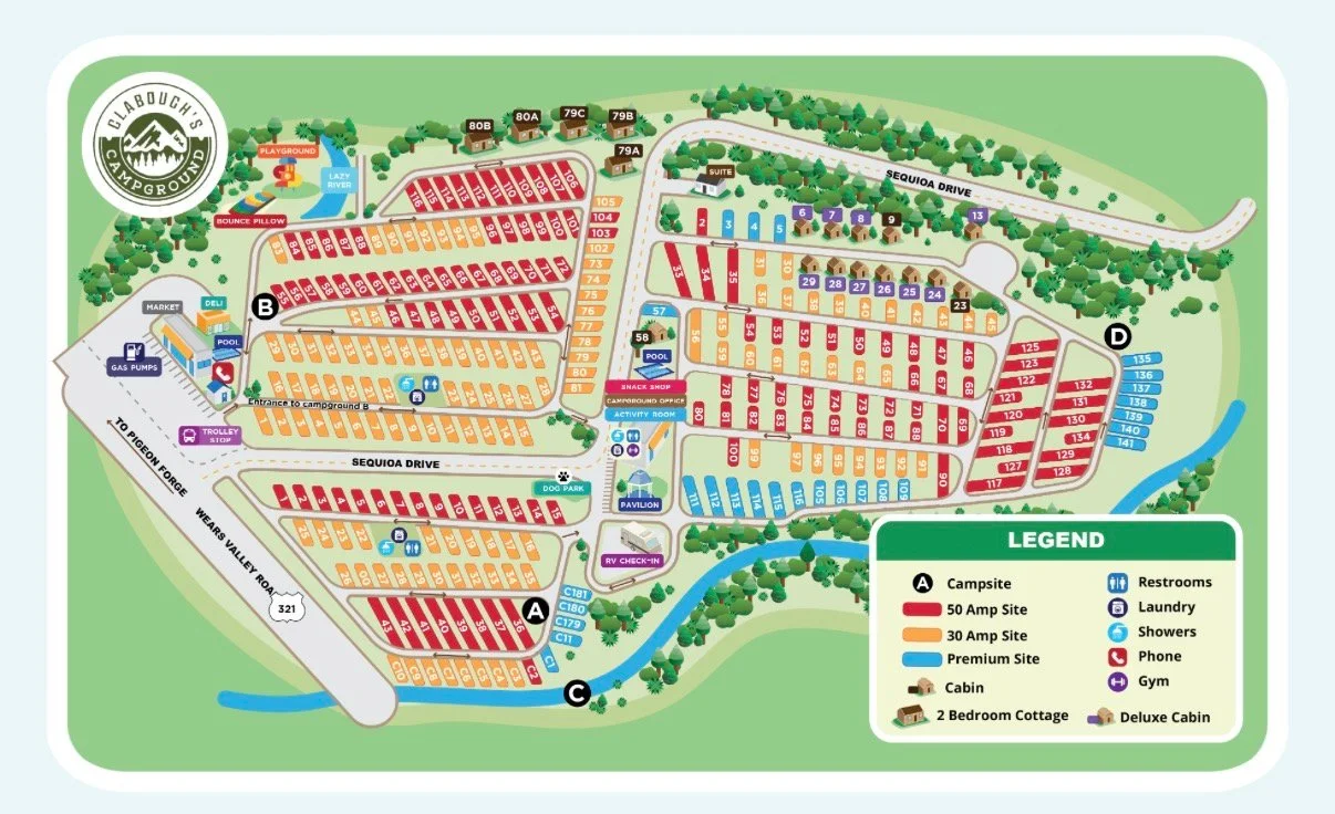 Illustrated map of Clabough's Campground showing campsites, cabins, pools, dog park, pavilion, store, playground, and RV check-in.