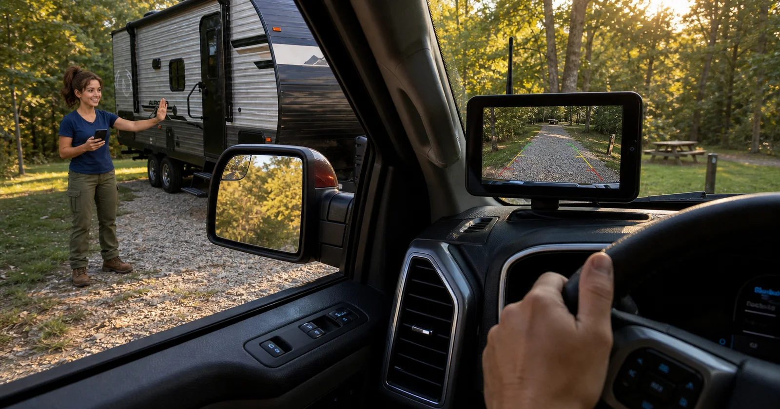 View from the driver seat showing a visible spotter, tow mirror, and backup-camera screen.