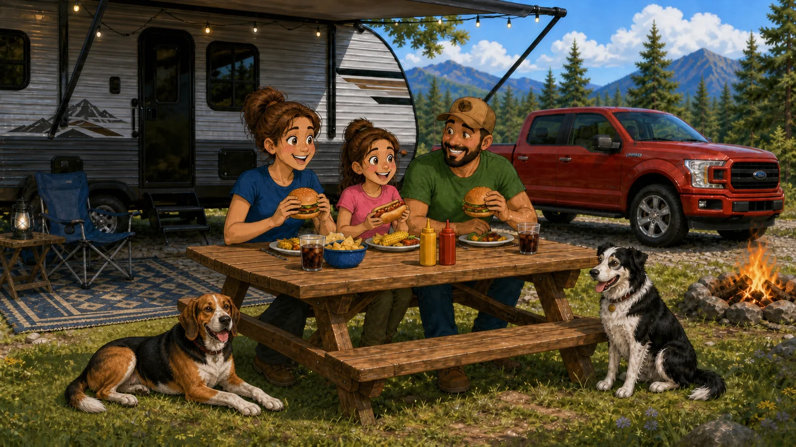 RV family sharing time together at a campground picnic table