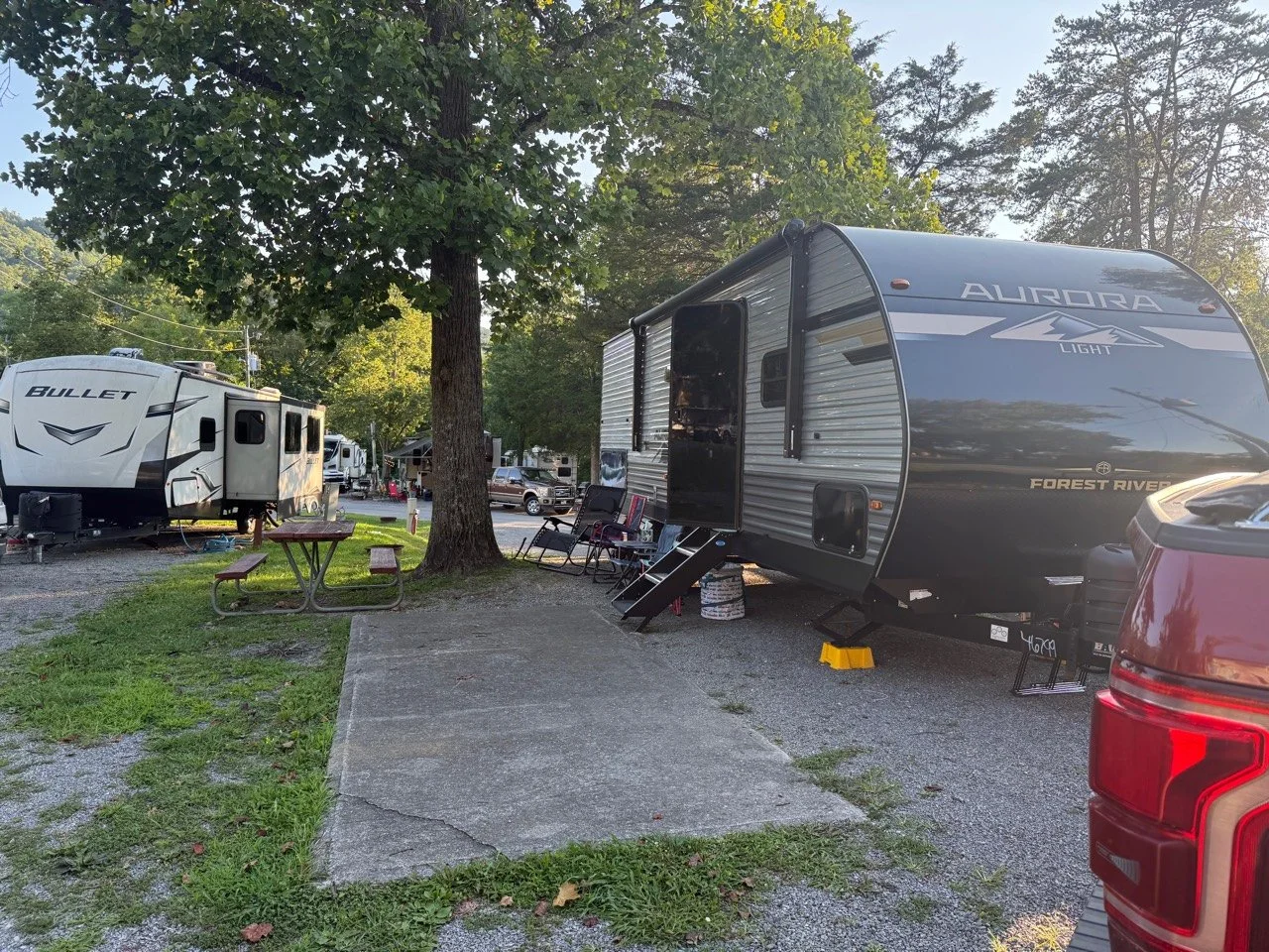 Our Aurora Light set up on a shaded family campsite