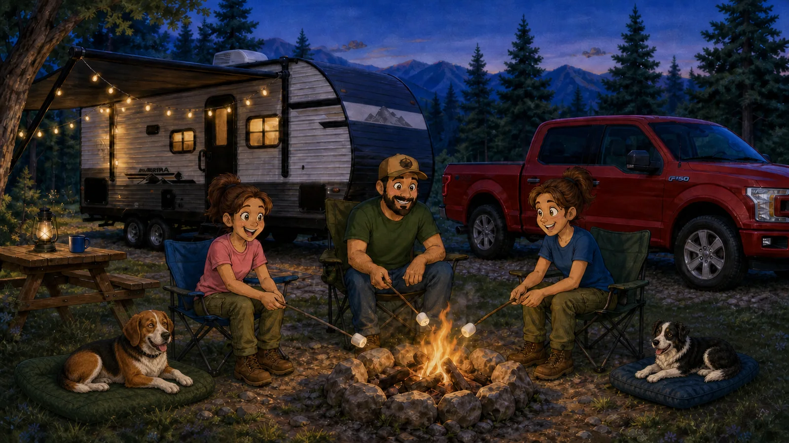 RV Fam Adventure family roasting marshmallows around a campground fire beside their Aurora camper at dusk, with the dogs resting nearby.