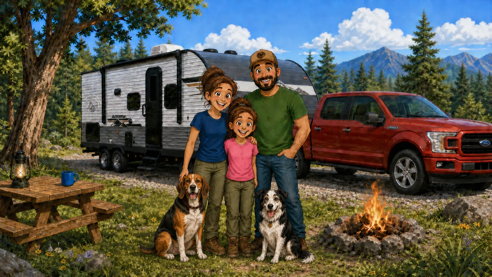 RV Fam Adventure family with their hound and slightly smaller Border Collie in front of their camper