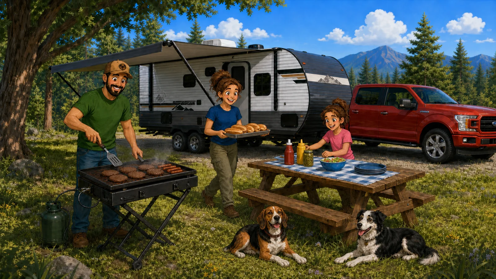 Illustrated family cooking and gathering beside their camper with two dogs