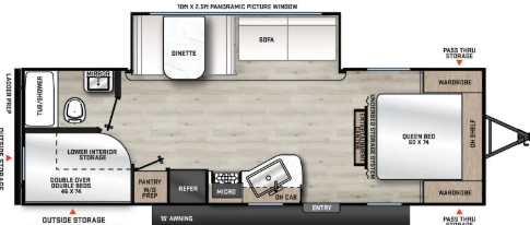Supplied Aurora 26BHS floor plan with front bedroom, side slide, rear bathroom and double bunks