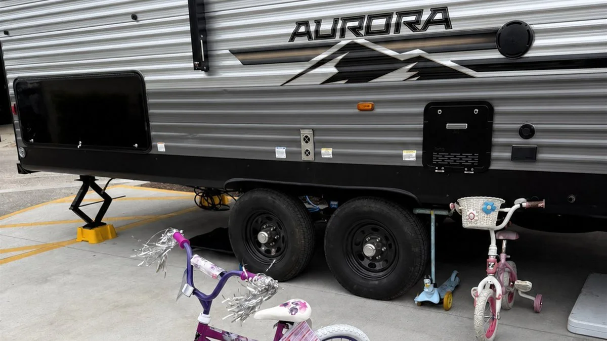 Our Aurora travel trailer at an Ocean Lakes campsite