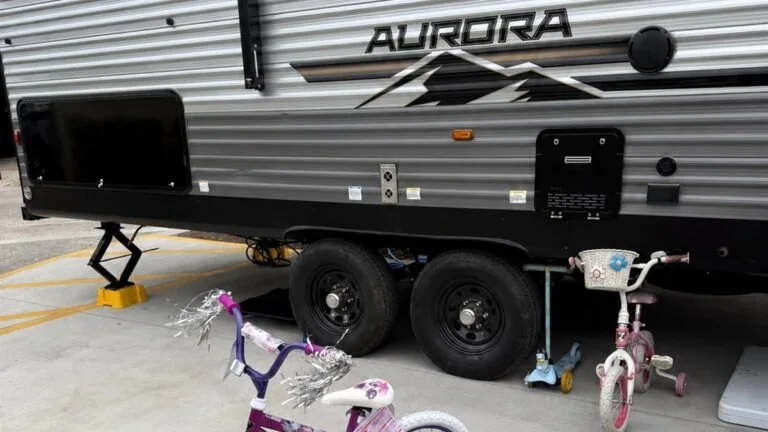 RV Fam Adventure travel trailer and bicycles at Ocean Lakes