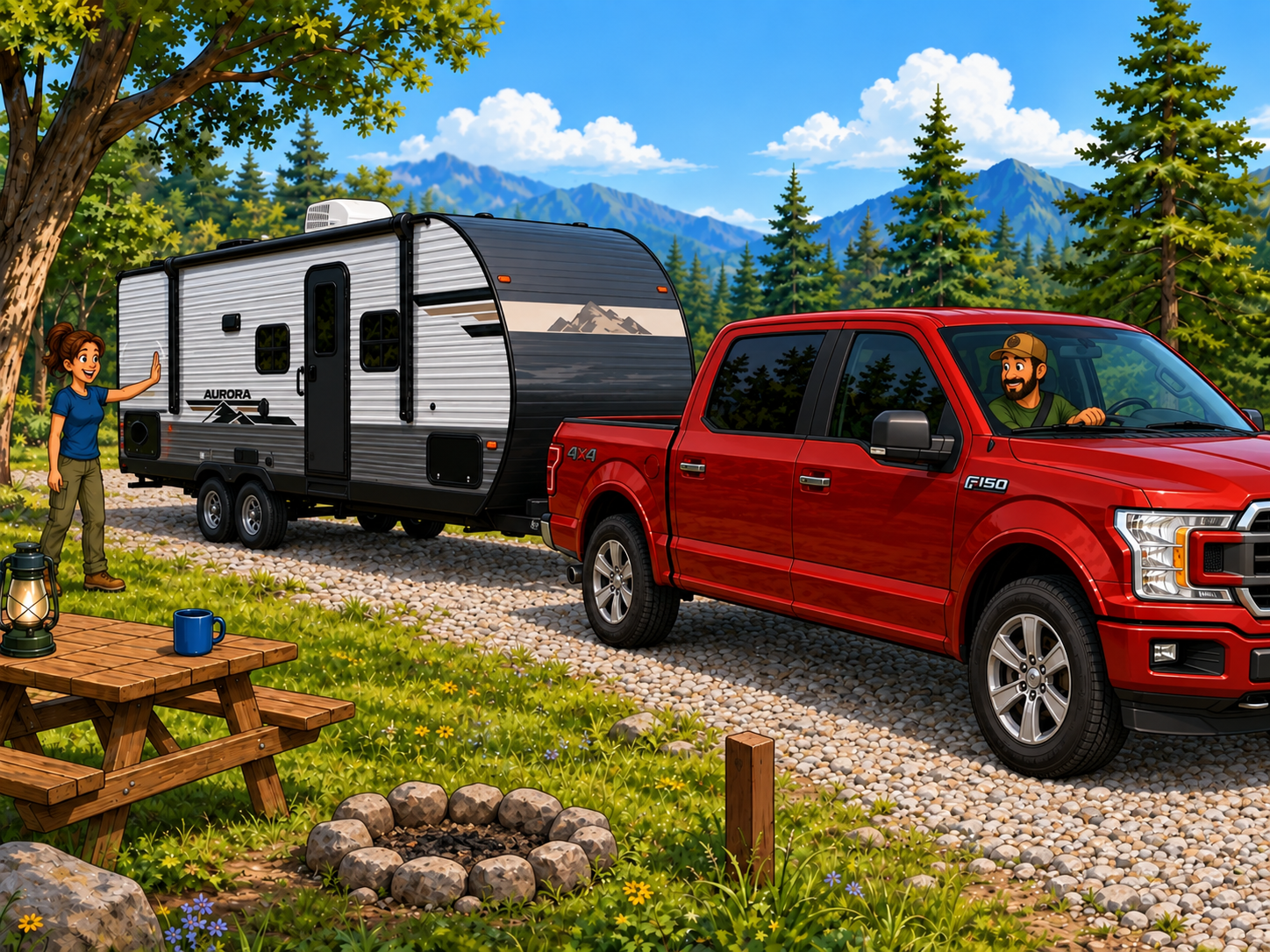 AI illustration of a stopped truck and travel trailer with one adult spotter holding a stop signal