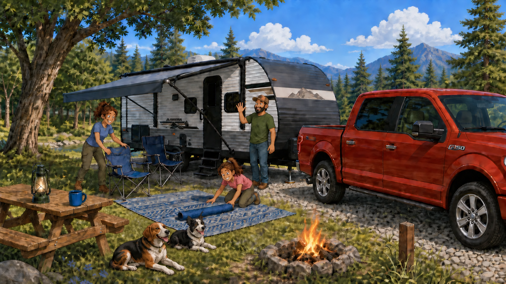 Family setting up a travel trailer at a campsite